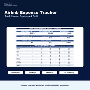 May include: A digital spreadsheet template titled "Airbnb Expense Tracker" with data tables and charts. The dashboard displays financial metrics like gross revenue, expenses, and profit. Includes a monthly performance summary with bookings and revenue data.