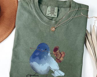 Cute Bird With Flower T-Shirt, Soft Nature Lover Gift. Comfort Colors Vintage Style Graphic Tee for Women Men, Spring Aesthetic Shirt