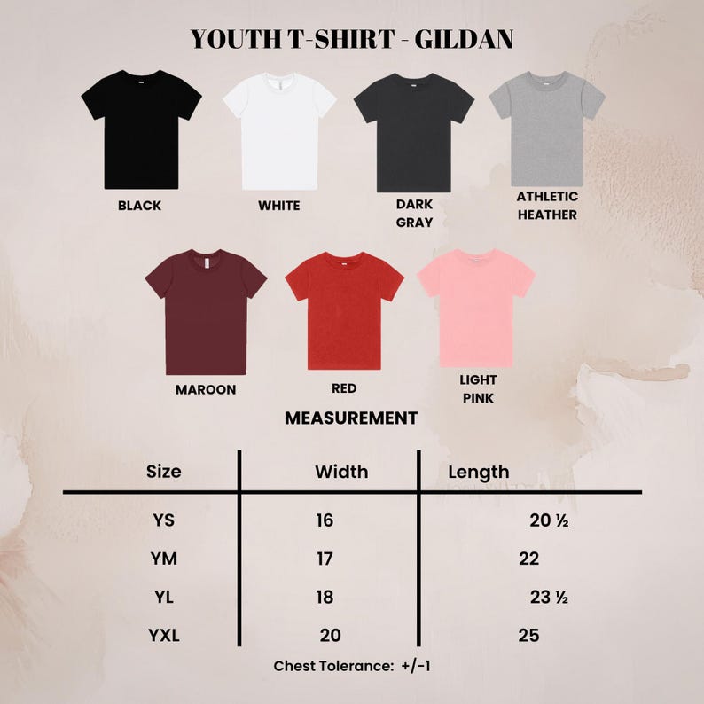 May include: A product image showcasing youth t-shirts in various colors: black, white, dark gray, athletic heather, maroon, red, and light pink. The image includes a size chart with measurements in inches for width and length, and the text "YOUTH T-SHIRT - GILDAN".