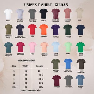 May include: A product image showcasing a variety of Gildan unisex t-shirts in various colors, including white, black, and heather gray. The image also includes a size chart with measurements in inches for width and length, ranging from size small to 2XL.