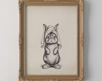 Wunderliche Kaninchen-Badezimmer-Kunst, Frühlings-Dekor-Kaninchen-Drucke, Skizzen-Wand-Kunst druckbare (digitaler Download)
