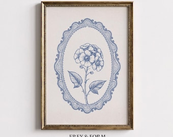 Vintage Blaue Botanische Illustration, Cottagecore Blumendekor, Hortensien Wandkunst (Digitaler Download)