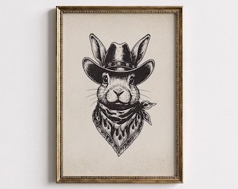 Cowboy Hase Wandbild, Vintage Hase Skizze, Western Kinderzimmer Dekor, skurriles Tier (Digitaler Download)