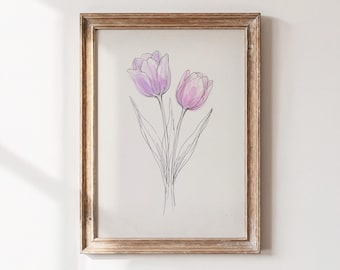 Lila Tulpe Aquarell Druck, Minimalistische Blumen Linie Kunst, Blumen Skizze Wandkunst (Digitaler Download)