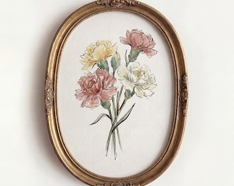 Januar Geburtsmonat Blumen Kunst, Nelke Aquarell Druck, handgezeichnete botanische Malerei, digitaler Download