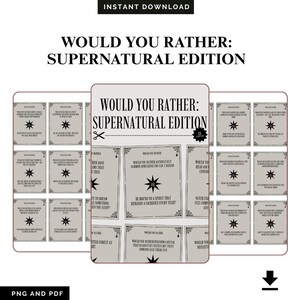 Puede incluir: Una descarga digital que presenta un juego "Would You Rather: Supernatural Edition". El diseño incluye una tarjeta central con el título del juego y varias tarjetas más pequeñas con preguntas y gráficos de estrellas. La combinación de colores es principalmente beige y negro.