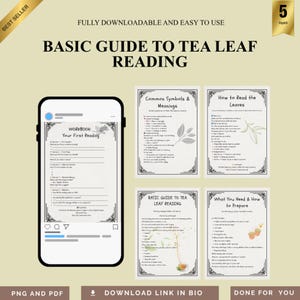 Puede incluir: Una guía digital para la lectura de hojas de té, con un cuaderno de trabajo y guías sobre símbolos, lectura y preparación. La imagen incluye una maqueta de teléfono y el texto: "Totalmente descargable y fácil de usar."