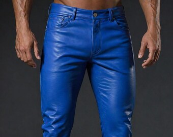 Męskie niebieskie spodnie motocyklowe ze skóry jagnięcej o dopasowanym kroju