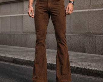 Donkerbruine suède leren flare-broek heren, uitlopende leren broek