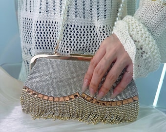 Rhinestone Evening Bag – Pearl Strap, Tassel Fringe, Bridal Clutch Purse