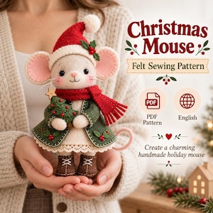 Christmas Mouse Felt Sewing Pattern PDF, Hand Sewn Felt Mouse Doll with Coat Santa Hat and Scarf, Beginner Felt Animal Pattern, A4 + Letter