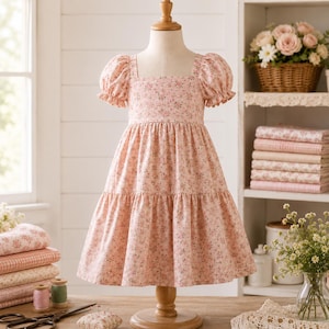 Peut inclure: Une robe rose clair avec un petit motif floral, dotée de manches courtes bouffantes, d'une encolure carrée et d'une jupe à étages. La robe est présentée sur un mannequin en bois, avec un corsage ajusté qui se prolonge par une jupe évasée.