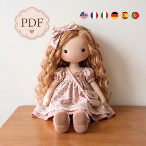 Wzór do szycia lalki szmacianej w formacie PDF, 43 cm, lalka materiałowa z sukienką, butami i kokardą