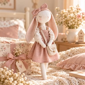 Puede incluir: Una muñeca de conejo de peluche con orejas largas, vestida con un vestido rosa polvoriento, una diadema con lazo a juego y un pequeño bolso cruzado. La muñeca tiene ojos cerrados bordados, mejillas rosadas, cuerpo blanco y una blusa floral.