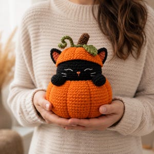Puede incluir: Un juguete de peluche de gato negro tejido a ganchillo dentro de una calabaza de color naranja brillante. El gato lleva un sombrero de calabaza naranja a juego con una enredadera verde y un tallo marrón. Tiene ojos, bigotes y nariz bordados.