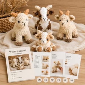 May include: Four crocheted goat plushies in cream and brown yarn with black safety eyes and small horns. A printed pattern booklet titled What's Included Pattern Bundle is displayed in the foreground, featuring step-by-step instructions and photos.