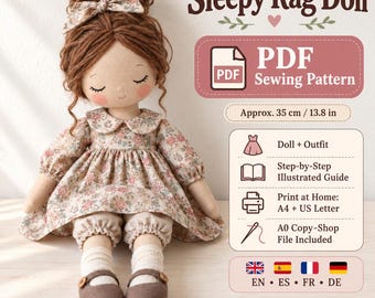 May include: A rag doll with brown yarn hair in a bun, wearing a floral dress, matching hair bow, and brown shoes. The text reads Sleepy Rag Doll, PDF Sewing Pattern, Approx. 13.8 in, Doll + Outfit, Step-by-Step Illustrated Guide, Print at Home, A0 Copy-Shop File Included, Digital Download, No Finished Doll.