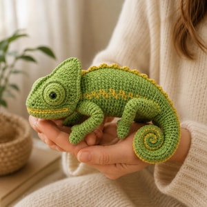 Op de afbeelding: Een gehaakt kameleon-speeltje in tinten licht- en middengroen met gele accenten langs de rug en de gekrulde staart. Het knuffeldier heeft een textuur van garen, een opvallend oog en een duidelijke mondlijn, gemaakt met gedetailleerde steken.