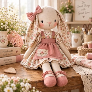 May include: A stuffed rabbit doll with long ears, wearing a floral print dress with a dusty pink pinafore and a matching bow on its head. The doll has embroidered facial features, pink cheeks, and dusty pink shoes with ribbon ties.