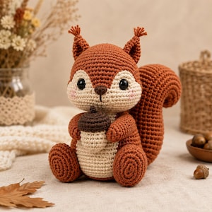 Pode incluir: Um brinquedo de esquilo em crochê feito com fio cor de ferrugem e creme. O esquilo tem olhos de plástico preto, pequenas orelhas com tufos e bochechas bordadas em rosa. Ele segura uma pequena bolota de crochê marrom e creme nas patas.