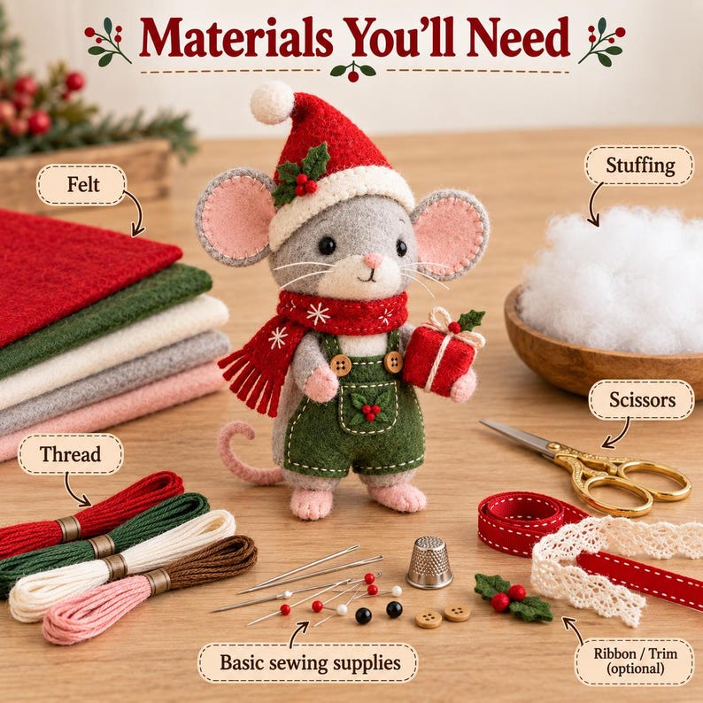 Christmas Mouse Felt Sewing Pattern PDF, Hand Sewn Felt Mouse Doll With ...