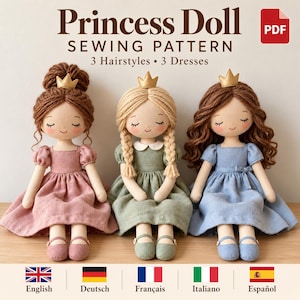 May include: A digital sewing pattern for a Princess Doll featuring three hairstyles and three dresses. The image displays three fabric dolls with embroidered faces, gold crowns, and yarn hair, wearing pink, sage green, and blue dresses.