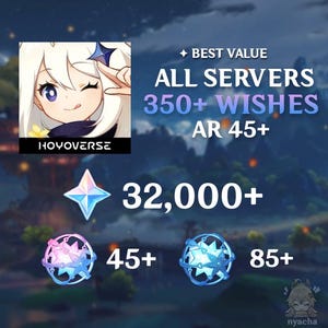 Op de afbeelding: Een digitale afbeelding met een anime-personagepictogram en de tekst BEST VALUE ALL SERVERS 350+ WISHES AR 45+. Het toont een vierpuntig sterpictogram met 32.000+ en twee soorten bolvormige spelvalutapictogrammen met de labels 45+ en 85+.