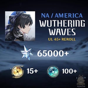 May include: A digital graphic for Wuthering Waves NA / America UL 45+ Reroll featuring an anime character portrait, a star-shaped crystal icon with 65000+ text, a gold orb icon with 15+ text, and a teal orb icon with 100+ text on a dark blue background.