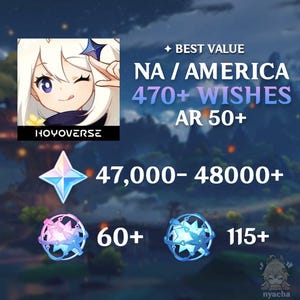 以下が含まれることがあります： アニメキャラクターのアイコンと、BEST VALUE、NA / AMERICA、470+ WISHES、AR 50+、47,000- 48000+、60+、115+というテキストが記載されたデジタル画像。青い四角星のアイコンと、星が中心にある2つの球体アイテムが表示されています。