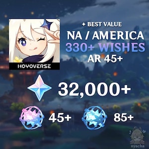 Peut inclure: Un graphique numérique présentant une icône de personnage d'anime aux cheveux blancs et aux yeux violets, étiqueté HOYOVERSE. Le texte indique BEST VALUE NA / AMERICA 330+ WISHES AR 45+. Inclut des icônes pour 32 000+ primogems, 45+ vœux roses et 85+ vœux bleus.