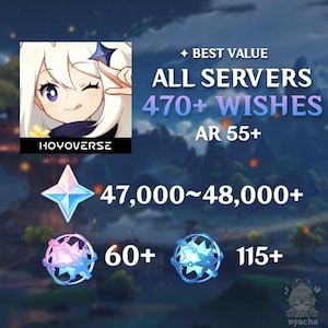 Op de afbeelding: Een digitale afbeelding met een illustratie van een witharig personage dat knipoogt, met de tekst BEST VALUE ALL SERVERS 470+ WISHES AR 55+. Het toont een blauw sterpictogram met 47.000~48.000+, een roze bol met 60+ en een blauwe bol met 115+.