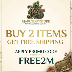May include: Cream-coloured promotional graphic for Maruti Artstore, an Indian clothing store established in 2024. The graphic features the text "BUY 2 ITEMS GET FREE SHIPPING" and "APPLY PROMO CODE FREE2M". The logo includes a peacock feather design.