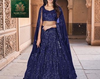 Designer Blue Floral Print Georgette Lehenga Choli, Luxury Mirror Work & Thread Embroidery, Fully Stitched Ready-to-Wear Wedding Outfit