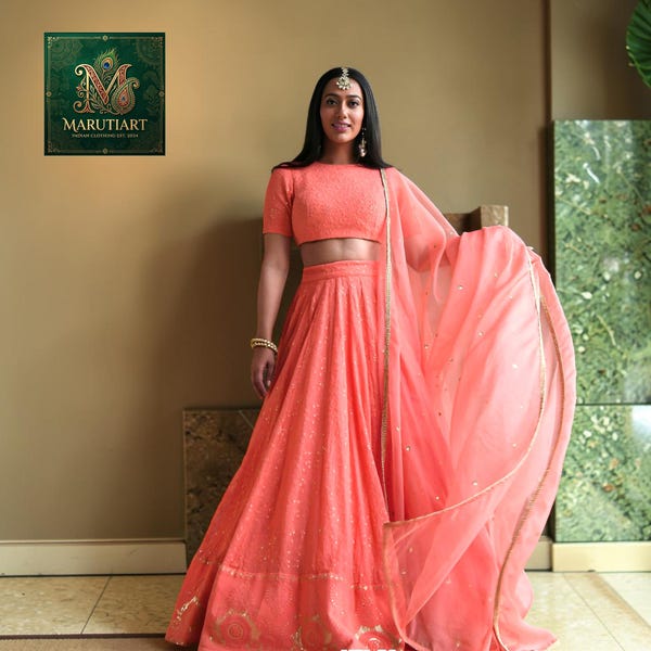 Designer Neon Peach Georgette Lehenga Choli | Luxury Summer Wedding Wear with Gold Foil Work | Elegant Indian Ethnic Outfit