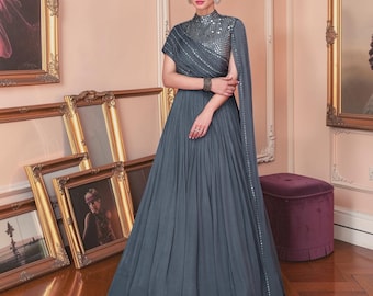 Ready-to-Wear Schiefergrau Georgette Indo-Western Kleid, Luxus Spiegel & Pailletten Arbeit Fusion Kleid, Designer Abendkleid mit Schlitzärmeln