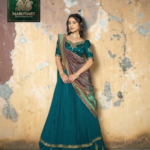 slim fit dress slacks Persian Green Banarasi Georgette Dress with Gold Net Duppatta main image 0