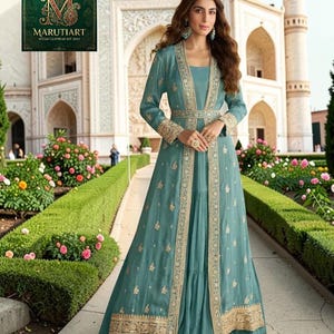 Teal Blue Chinon Silk Gown, Indo Western Party Wear, Ready to Wear Indian Dress, Embroidered Jacket Style Gown, Marutiart Boutique, Heavy Zari Work Anarkali, Wedding Guest Indo Western, Luxury Festive Silk Dress, Stitched Teal Blue Lehenga Alternative, Bollywood Style Fusion Gown, Premium Chinon Silk Ethnic Wear, Indian Evening Party Gown, Custom Size Designer Wear