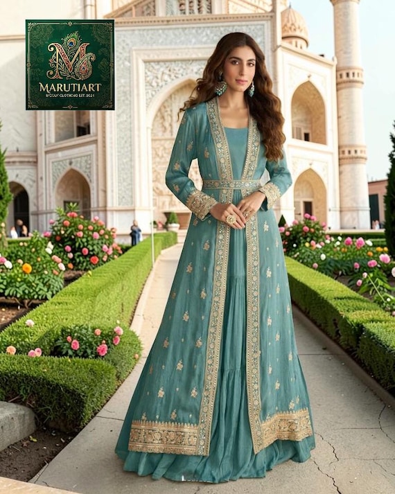 Teal Blue Chinon Silk Anarkali Gown with Dupatta, Embroidered Indian Wedding Dress, Bridesmaid Outfit, Party Wear Gown Gifts For Her
