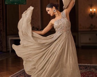 Champagne Gold Shimmer Gown, Silver Sequin Embroidered Evening Dress | One Shoulder Indo Western Reception Gown, Luxury Cocktail Party Wear