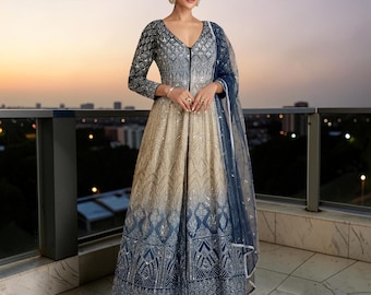 Ombre Navy Blue Gold Georgette Gown, Heavy Sequin Embroidery Wedding Guest Dress, Reception Party Wear, Designer Indian Gown with Dupatta