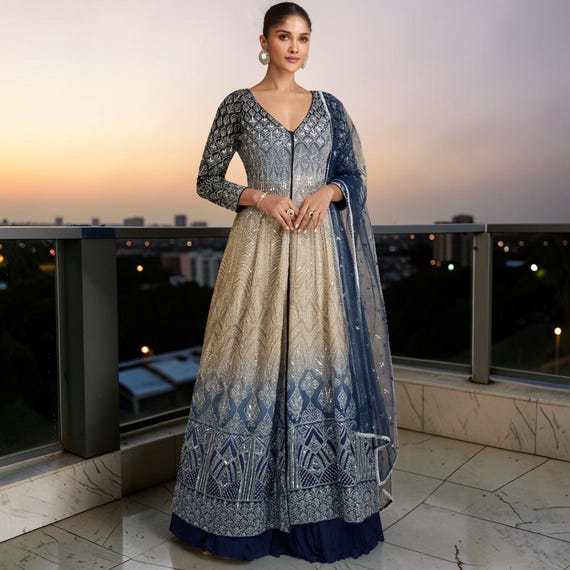 blue and gold wedding guest dress Ombre Navy Georgette Gown, Sequin Embroidery Guest, Reception Party, Designer Gown With Dupatta and special occasions with feature_Sweetheart Long Cool Woman (In Size:24 months