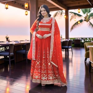 Orange Faux Georgette Embroidered Gown with Dupatta, Zari & Sequence Work, Designer Indian Anarkali Gown, Wedding Festive Party Wear