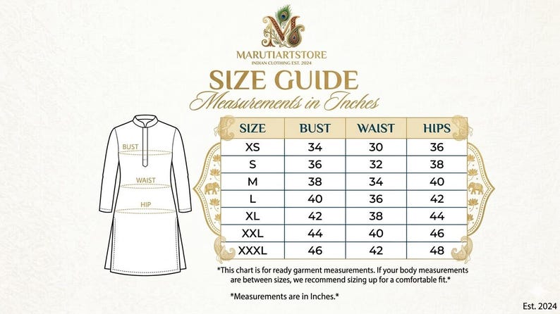May include: A clothing size guide in inches. The chart shows sizes XS to XXXL, with bust measurements from 34 to 46 inches (86 to 117 cm), waist from 30 to 42 inches (76 to 107 cm), and hips from 36 to 48 inches (91 to 122 cm).