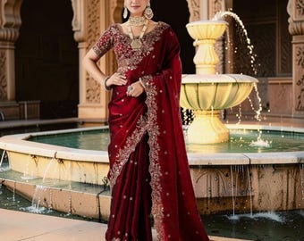 Maroon Satin Saree with Sequence & Bead Work, Designer Indian Saree, Wedding Party Wear Saree, Festive Saree with Unstitched Blouse