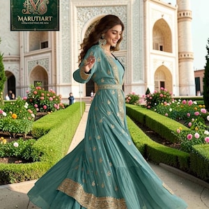 Teal Blue Chinon Silk Gown, Indo Western Party Wear, Ready to Wear Indian Dress, Embroidered Jacket Style Gown, Marutiart Boutique, Heavy Zari Work Anarkali, Wedding Guest Indo Western, Luxury Festive Silk Dress, Stitched Teal Blue Lehenga Alternative, Bollywood Style Fusion Gown, Premium Chinon Silk Ethnic Wear, Indian Evening Party Gown, Custom Size Designer Wear