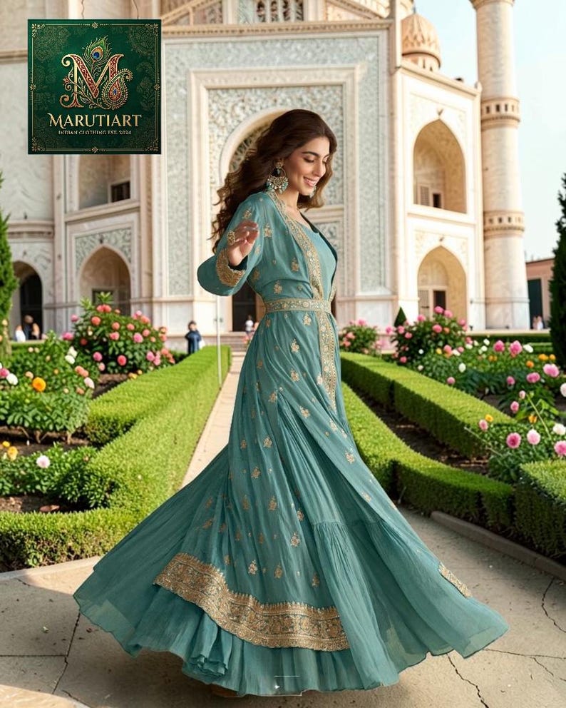 Teal Blue Chinon Silk Gown, Indo Western Party Wear, Ready to Wear Indian Dress, Embroidered Jacket Style Gown, Marutiart Boutique, Heavy Zari Work Anarkali, Wedding Guest Indo Western, Luxury Festive Silk Dress, Stitched Teal Blue Lehenga Alternative, Bollywood Style Fusion Gown, Premium Chinon Silk Ethnic Wear, Indian Evening Party Gown, Custom Size Designer Wear