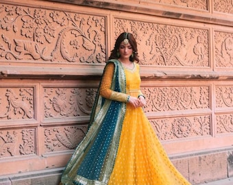 Yellow Gota Patti Lehenga Gown Set with Dupatta | Indian Wedding Guest Dress | Designer Net Lehenga Suit | Haldi Mehendi Bridesmaid Outfits