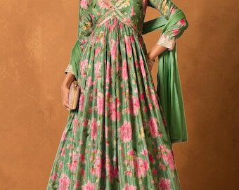 Green Floral Chinon Silk Anarkali Gown with Dupatta, Indian Wedding Guest Dress, Designer Festive Ethnic Wear Suit, Bridesmaid Outfits gifts
