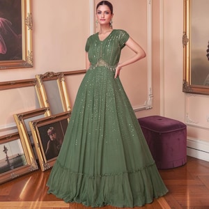 green emerald velvet dress Green Crepe Silk Jacket Style Indo Western Dress main image 1