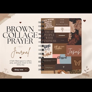 May include: A spiral-bound journal featuring a brown collage cover with various inspirational phrases including Life with Jesus only gets better, Treat people with kindness, God's timing is perfect, and Jesus. The cover also displays a butterfly.